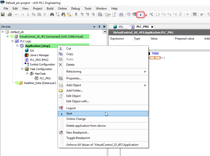 Set up a ctrlX PLC project to publish variables to the ctrlX Data Layer