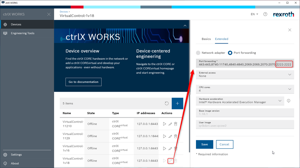 ctrlX WORKS ctrlX COREvirtual port forwarding settings